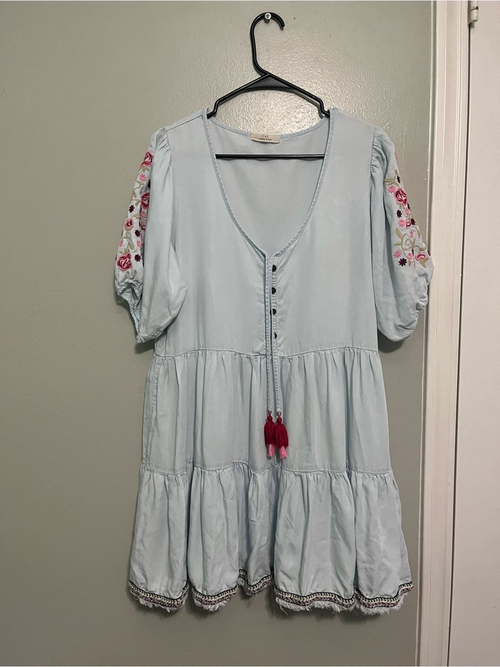 Chelsea & Violet Light Blue Tiered Dress with Floral Embroidered Sleeves